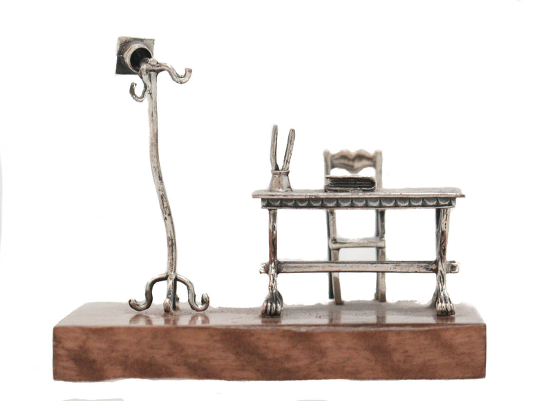 FINE 925 STERLING SILVER ON WOOD CHASED INTRICATE MINIATURE OFFICE DESK