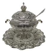 FINE 925 STERLING SILVER & GILDED HANDMADE SWIRL CHASED CROWN HONEY DISH & TRAY