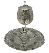 FINE 925 STERLING SILVER HANDMADE SWIRL CHASED LEAF APPLIQUE VIZNIZ CUP & TRAY