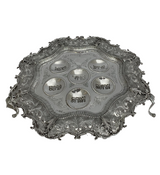 FINE 925 STERLING SILVER HANDMADE LEAF APPLIQUE CHASED SWIRL HEBREW SEDER PLATE