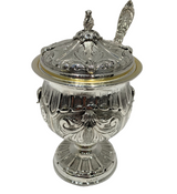 925 STERLING SILVER & GILDED HANDMADE CHASED LEAF APPLIQUE HONEY DISH & SPOON