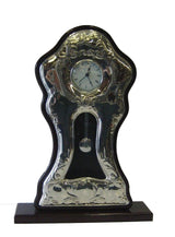 ITALIAN SILVER LAMINATE & WOOD ORNATE SWIRL CHASED SHINY GRANDFATHER TABLE CLOCK