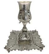 FINE 925 STERLING SILVER HANDMADE CHASED LEAF APPLIQUE ORNATE ELIYAHU CUP & TRAY