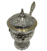925 STERLING SILVER & GILDED HANDMADE CHASED LEAF APPLIQUE HONEY DISH & SPOON