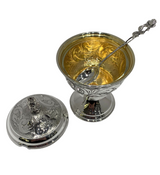 FINE 925 STERLING SILVER & GILDED HANDMADE SHINY SLEEK FLORAL HONEY DISH & SPOON
