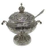 FINE 925 STERLING SILVER & GILDED HANDMADE SWIRL CHASED CROWN HONEY DISH & TRAY