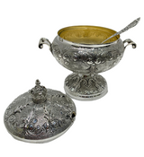 FINE 925 STERLING SILVER & GILDED HANDMADE SWIRL CHASED CROWN HONEY DISH & TRAY