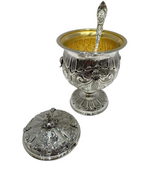 925 STERLING SILVER & GILDED HANDMADE CHASED LEAF APPLIQUE HONEY DISH & SPOON