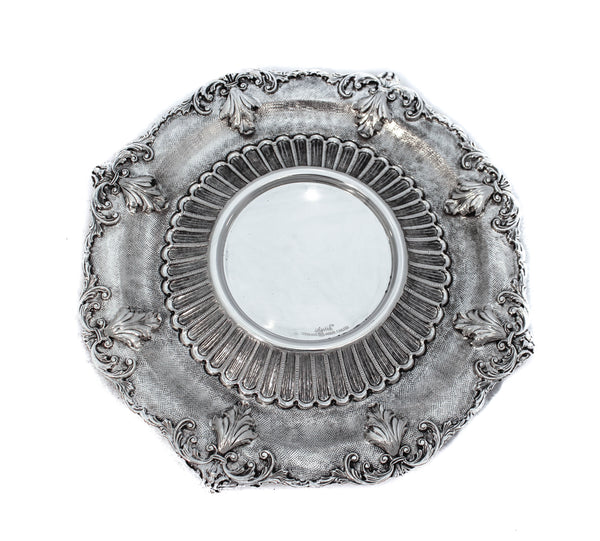 925 STERLING SILVER HAND CHASED LEAF LEG APPLIQUES FLUTED ROUND PLATE TRAY