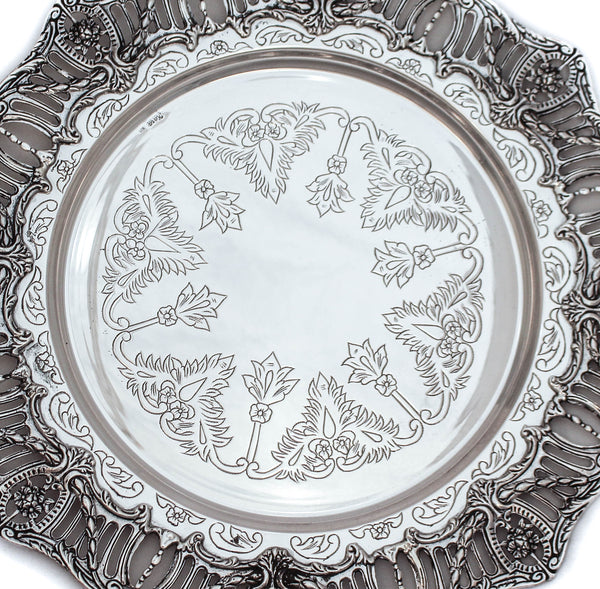 925 STERLING SILVER GLOSSY HANDMADE CHASED & FILIGREE AMERICAN BORDER ROUND TRAY