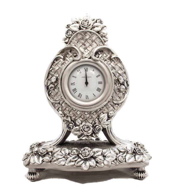 FINE ITALIAN SILVER PLATED SWIRL CHASED FLORAL TABLE CLOCK