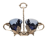 FINE ITALIAN 925 STERLING SILVER & BLUE CRYSTAL LEAF DOUBLE SALT HOLDER & SPOON