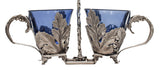 FINE ITALIAN 925 STERLING SILVER & BLUE CRYSTAL LEAF DOUBLE SALT HOLDER & SPOON