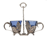 FINE ITALIAN 925 STERLING SILVER & BLUE CRYSTAL LEAF DOUBLE SALT HOLDER & SPOON