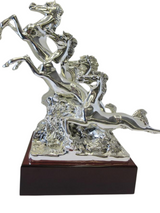 ITALIAN SILVER PLATED HANDMADE DETAILED FIERCE RACE HORSE FIGURINE ON STAND
