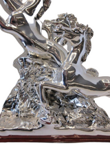 ITALIAN SILVER PLATED HANDMADE DETAILED FIERCE RACE HORSE FIGURINE ON STAND