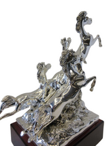 ITALIAN SILVER PLATED HANDMADE DETAILED FIERCE RACE HORSE FIGURINE ON STAND