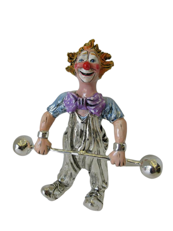 ITALIAN SILVER PLATED & MULTI COLOR ENAMEL CLOWN LIFTING WEIGHTS FIGURINE