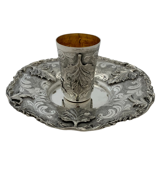 FINE 925 STERLING SILVER HANDMADE CHASED SWIRL LEAF APPLIQUE ORNATE CUP & TRAY