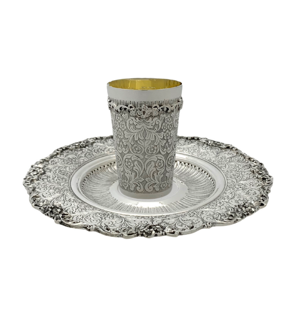 925 STERLING SILVER HANDMADE HEAVY FLORAL ORNATE SWIRL STRIATED SHINY CUP & TRAY