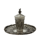 ITALY 925 STERLING SILVER HANDMADE LEAF ORNATE MATTE & SHINY CUP & TRAY & COVER