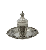 925 STERLING SILVER HANDMADE ORNATE LEAF APPLIQUE MATTE SHINY CUP & TRAY & COVER