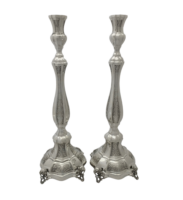 FINE 925 STERLING SILVER HANDMADE LEAF CHASED ORNATE MATTE & SHINY CANDLESTICKS