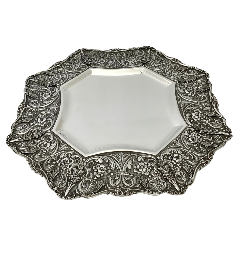 ITALIAN 925 STERLING SILVER HANDMADE LEAF & FLORAL ORNATE EMBOSSED HEXAGON TRAY