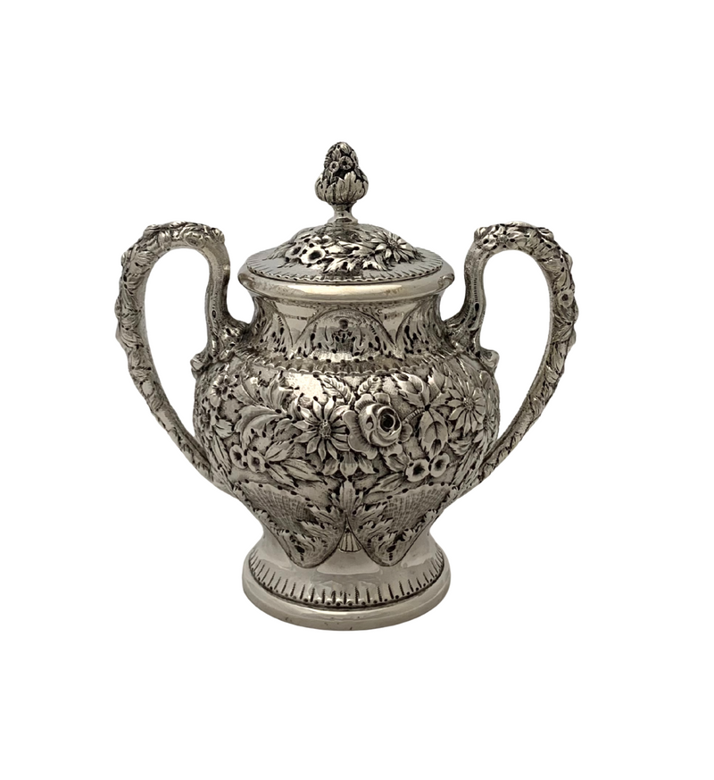 ANTIQUE S. KIRK & SON 925 STERLING SILVER HANDMADE FLORAL REPOUSSE HONEY DISH