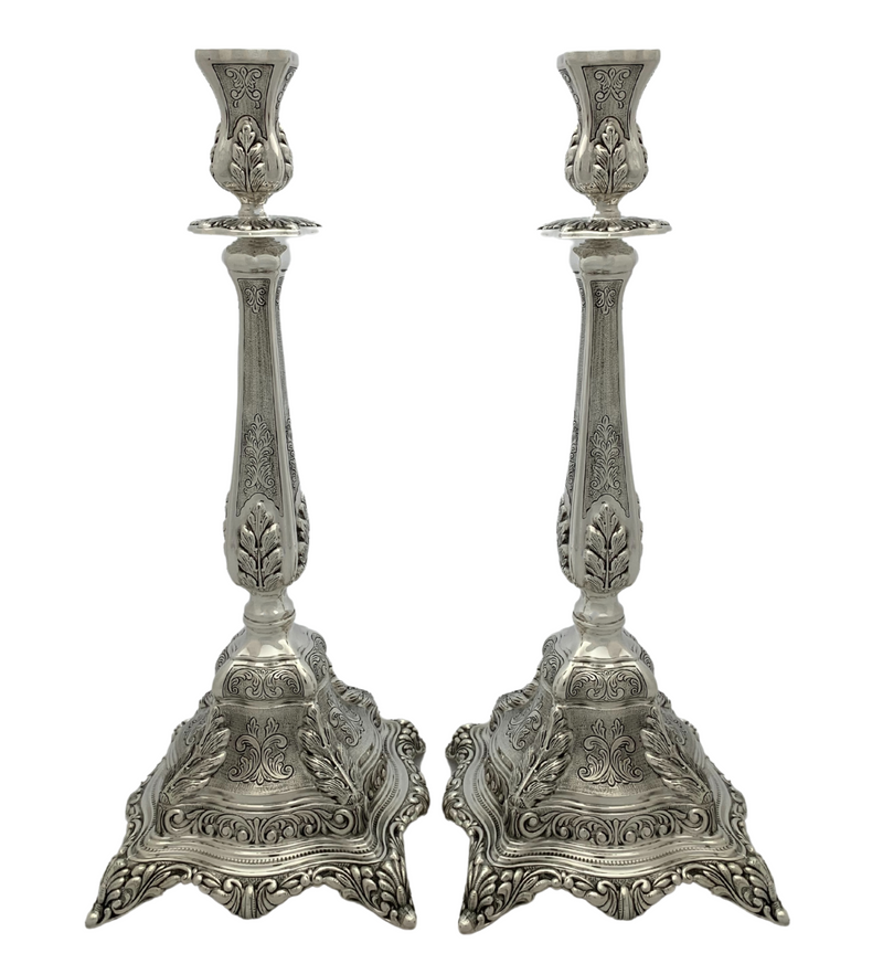 FINE 925 STERLING SILVER HANDMADE LEAF APPLIQUE CHASED MATTE SHINY CANDLESTICKS