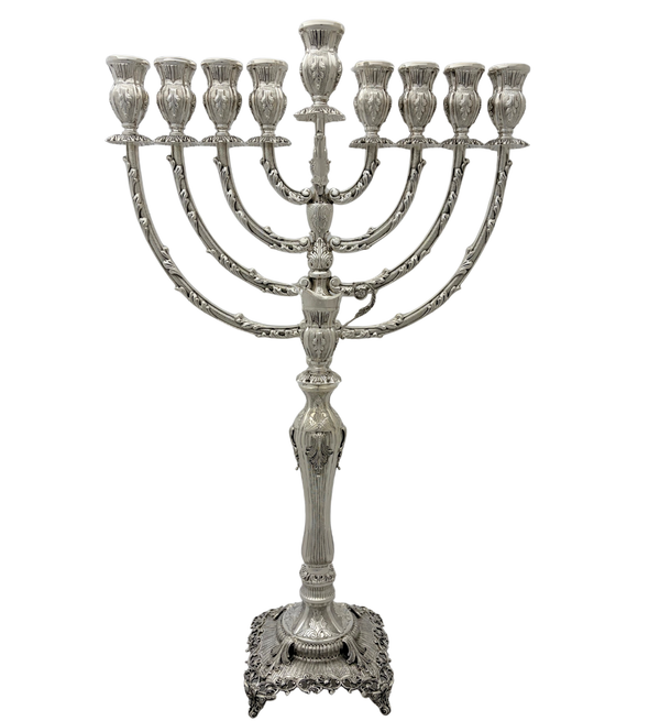 925 STERLING SILVER HANDMADE LEAF APPLIQUE CHASED MATTE SHINY CHANUKAH MENORAH