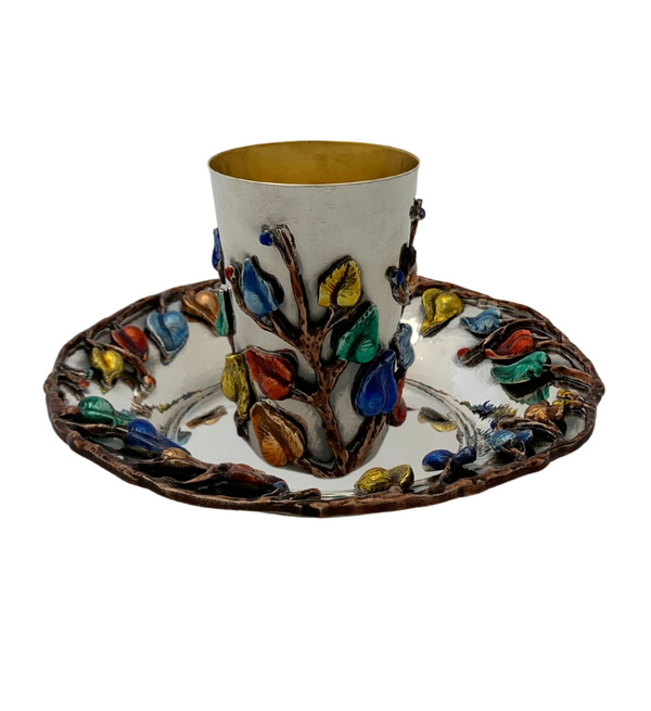 ITALY 925 STERLING SILVER & COLOR ENAMEL HANDMADE 3D LEAF APPLIQUE CUP & TRAY