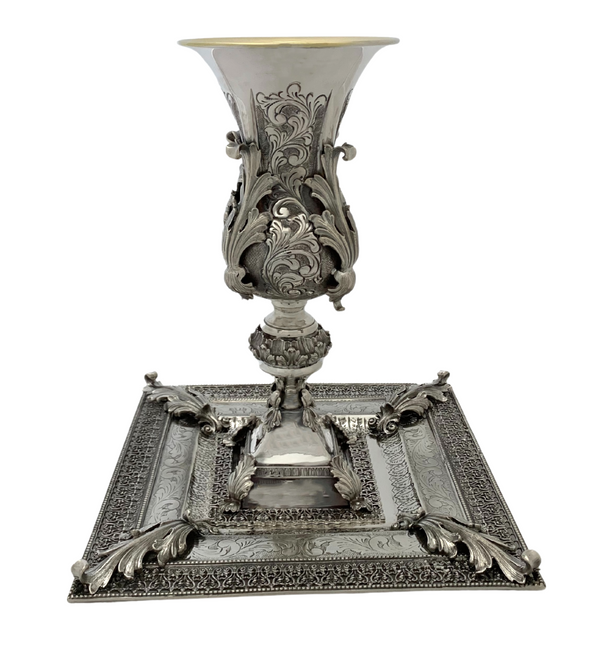 ITALIAN 925 STERLING SILVER HANDMADE LEAF APPLIQUE FLUTED ELIYAHU CUP & TRAY
