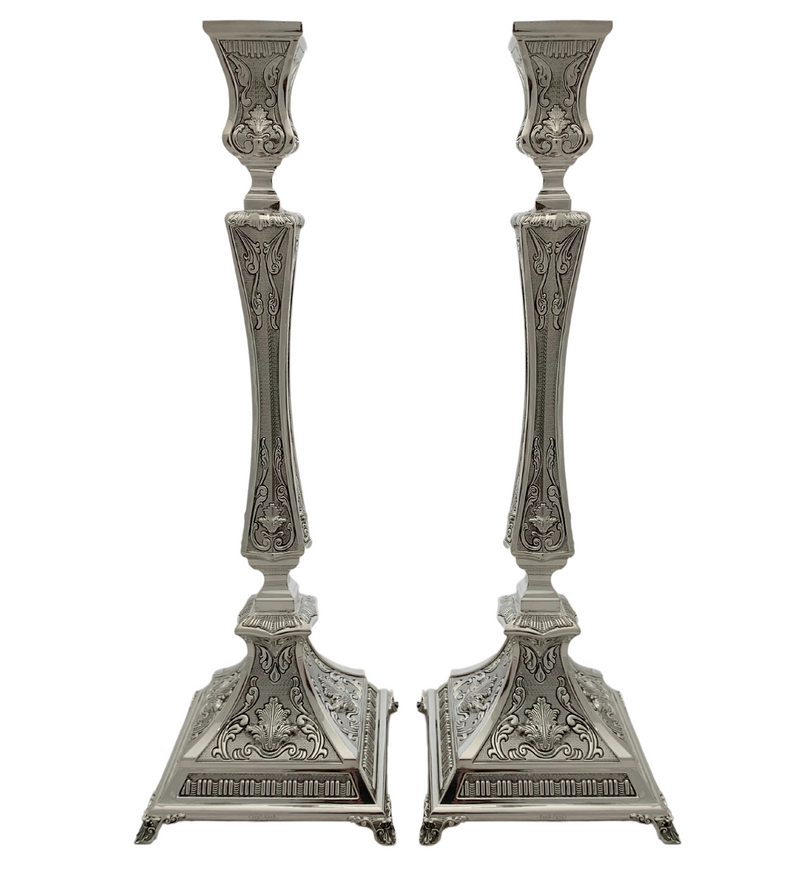 FINE 925 STERLING SILVER HANDMADE CHASED LEAF APPLIQUE SQUARE MATTE CANDLESTICKS