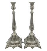 FINE 925 STERLING SILVER HANDMADE LEAF APPLIQUE CHASED MATTE SHINY CANDLESTICKS