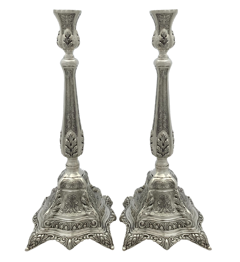 FINE 925 STERLING SILVER HANDMADE LEAF APPLIQUE CHASED MATTE SHINY CANDLESTICKS