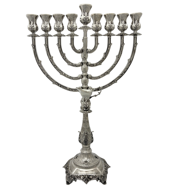 FINE 925 STERLING SILVER HANDMADE LEAF APPLIQUE CHASED SWIRL CHANUKAH MENORAH