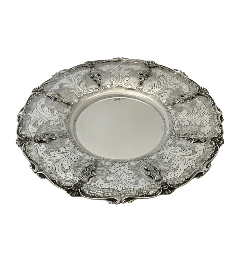 925 STERLING SILVER HANDMADE SWIRL LEAF APPLIQUE ORNATE MATTE SHINY ROUND TRAY