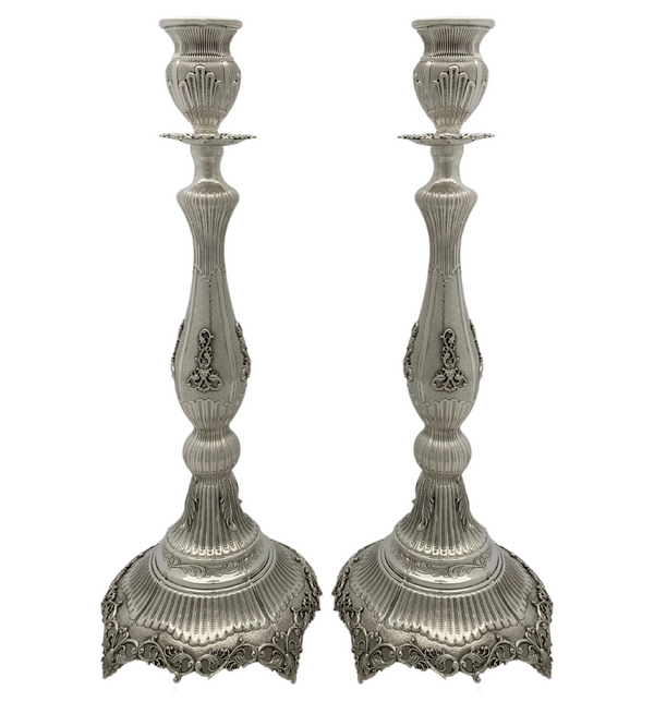 925 STERLING SILVER HANDMADE LEAF APPLIQUE ORNATE STRIATED SHINY CANDLESTICKS