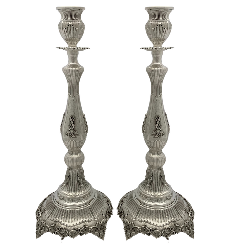 925 STERLING SILVER HANDMADE LEAF APPLIQUE ORNATE STRIATED SHINY CANDLESTICKS