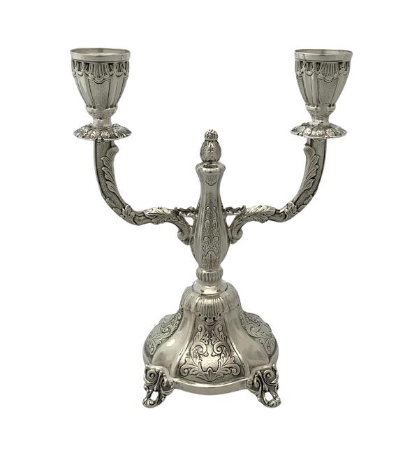 FINE 925 STERLING SILVER HANDMADE LEAF CHASED SWIRL ORNATE 2 LIGHT CANDELABRA