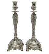 FINE TALL 925 STERLING SILVER HANDMADE LEAF APPLIQUE CHASED ORNATE CANDLESTICKS