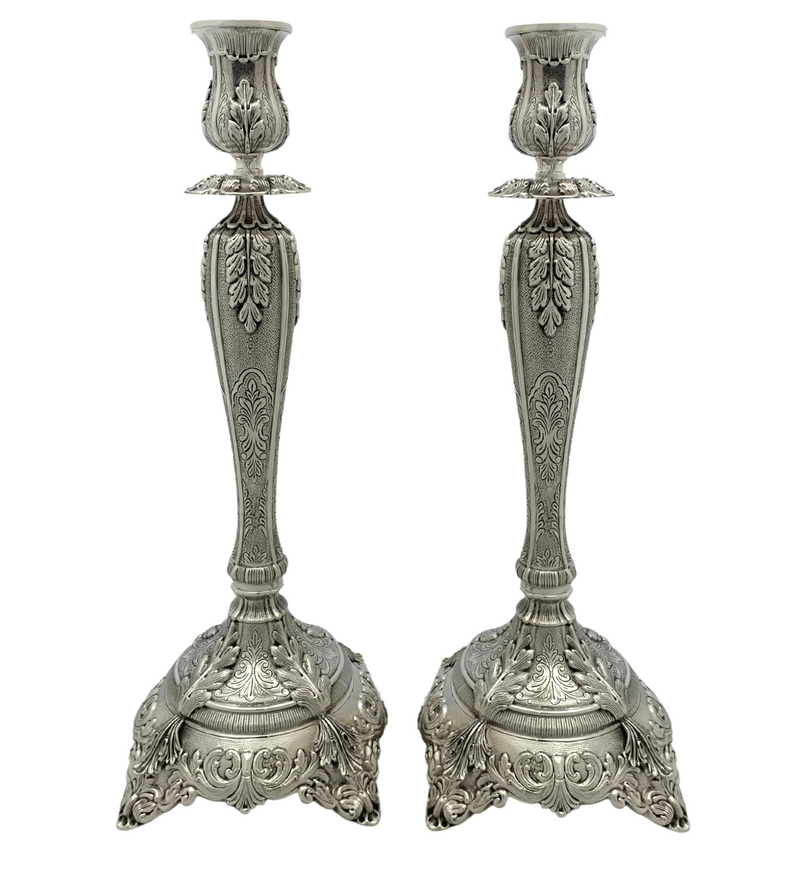 FINE TALL 925 STERLING SILVER HANDMADE LEAF APPLIQUE CHASED ORNATE CANDLESTICKS