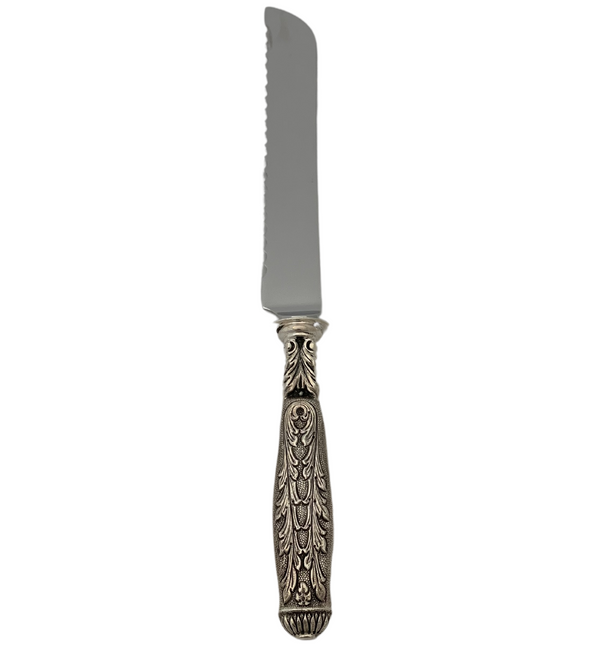 ITALIAN 925 STERLING SILVER HANDMADE LEAF MATTE & SHINY SERRATED BREAD KNIFE