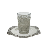 925 STERLING SILVER & GLASS INSERT HANDMADE FLUTED OPEN LACE ORNATE CUP & TRAY