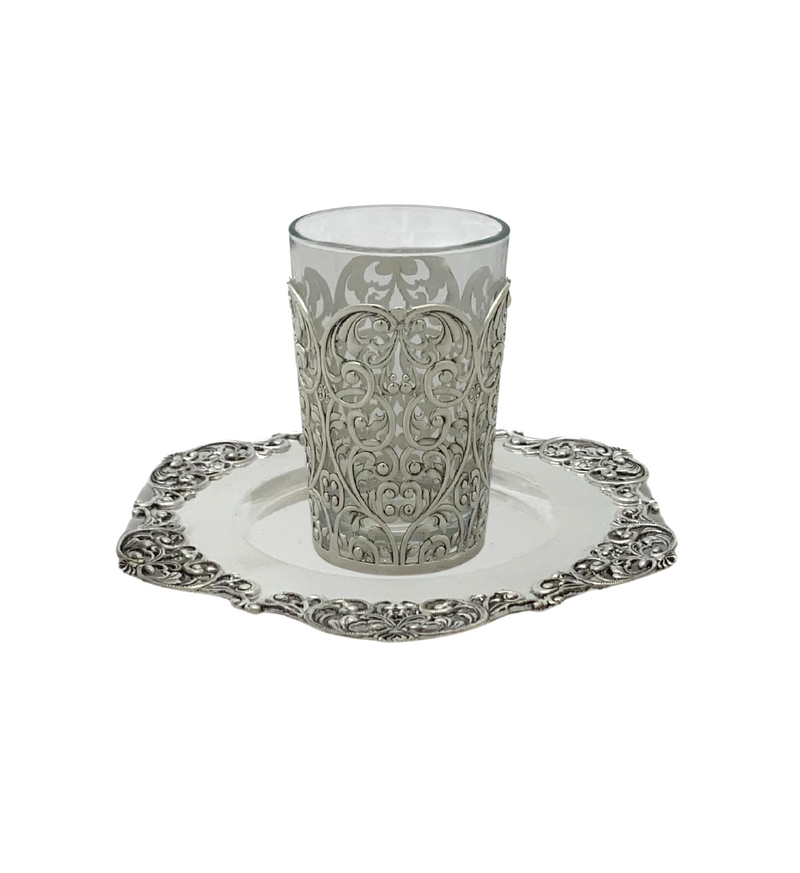 925 STERLING SILVER & GLASS INSERT HANDMADE FLUTED OPEN LACE ORNATE CUP & TRAY