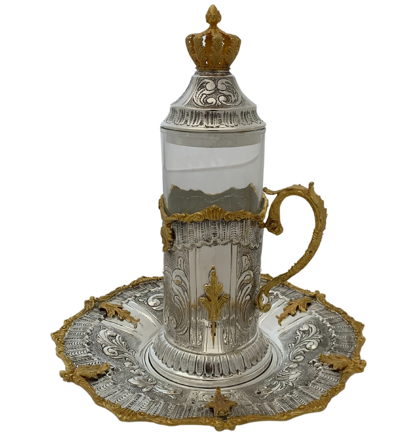 925 STERLING SILVER & GILDED & GLASS HANDMADE LEAF APPLIQUE CROWN TEA CUP & TRAY