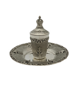 925 STERLING SILVER HANDMADE ORNATE LEAF APPLIQUE MATTE SHINY CUP & TRAY & COVER