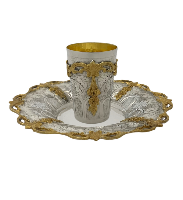 FINE 925 STERLING SILVER & GILDED HANDMADE FLORAL LEAF CHASED ORNATE CUP & TRAY