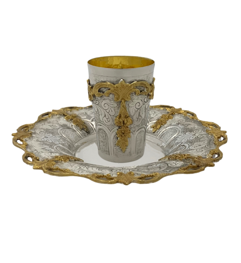 FINE 925 STERLING SILVER & GILDED HANDMADE FLORAL LEAF CHASED ORNATE CUP & TRAY